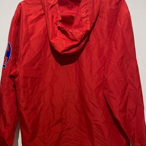 Champion Men's Half Zip Logo Pullover Red Hooded Windbreaker Jacket Small - Picture 4 of 9